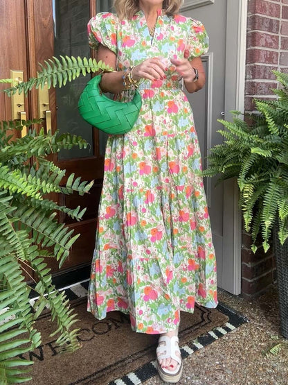 Floral Print Band Collar V-neck Elastic Waist Dress