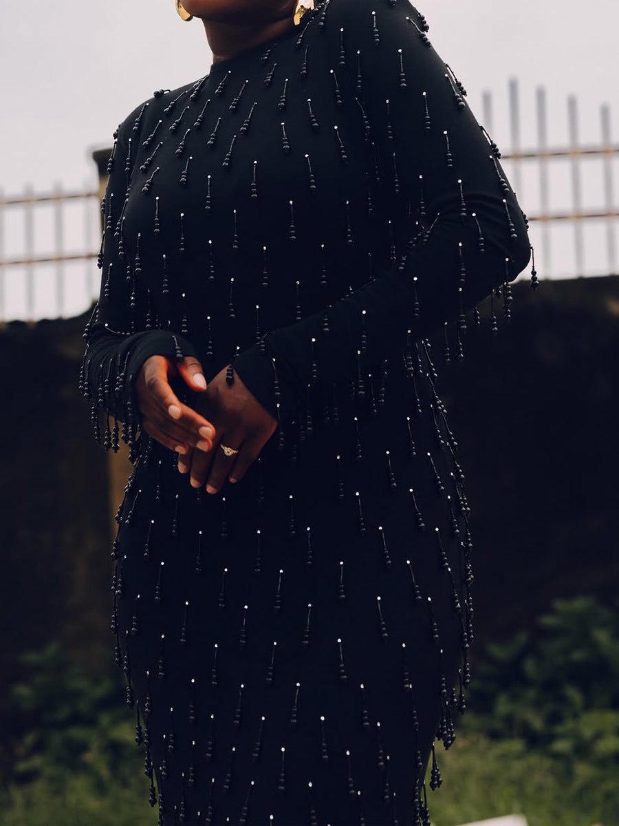 Black Beaded Tassel Maxi Dress