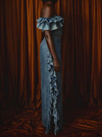 Denim Ruffled Off Shoulder Two Pieces Dress