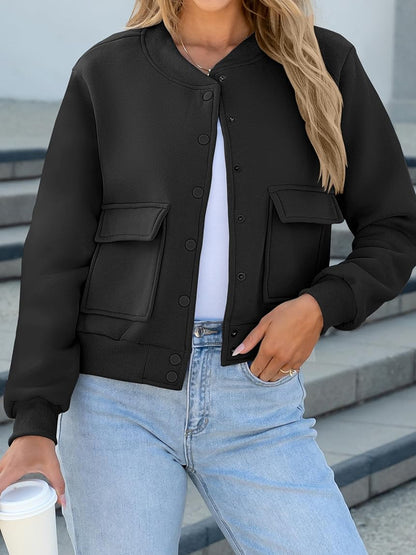 Fashion Thread Double Pocket Cropped Bomber Jacket
