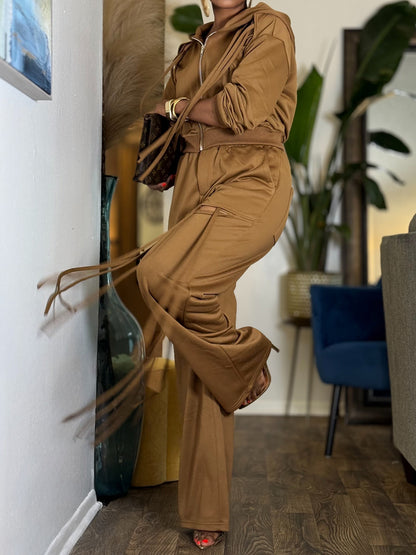 Hooded Elasticized Waist Tassels Two Pieces Set