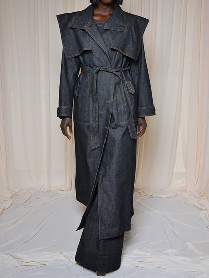 Fashion Lapel Strap Denim Trench Coat