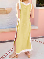 Fashion Color Block High Split Knitted Two Pieces Set