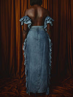 Denim Ruffled Off Shoulder Two Pieces Dress