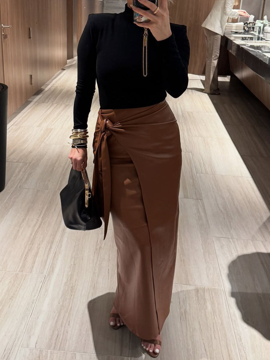 Side Drape Waist Tie Accent PU Skirts