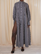 Maxi Flared Shirt Dress In Black&White Diamond Stripes
