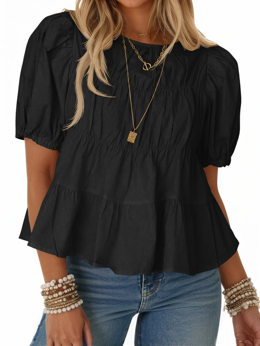 Puff Sleeve Peplum Babydoll Tops