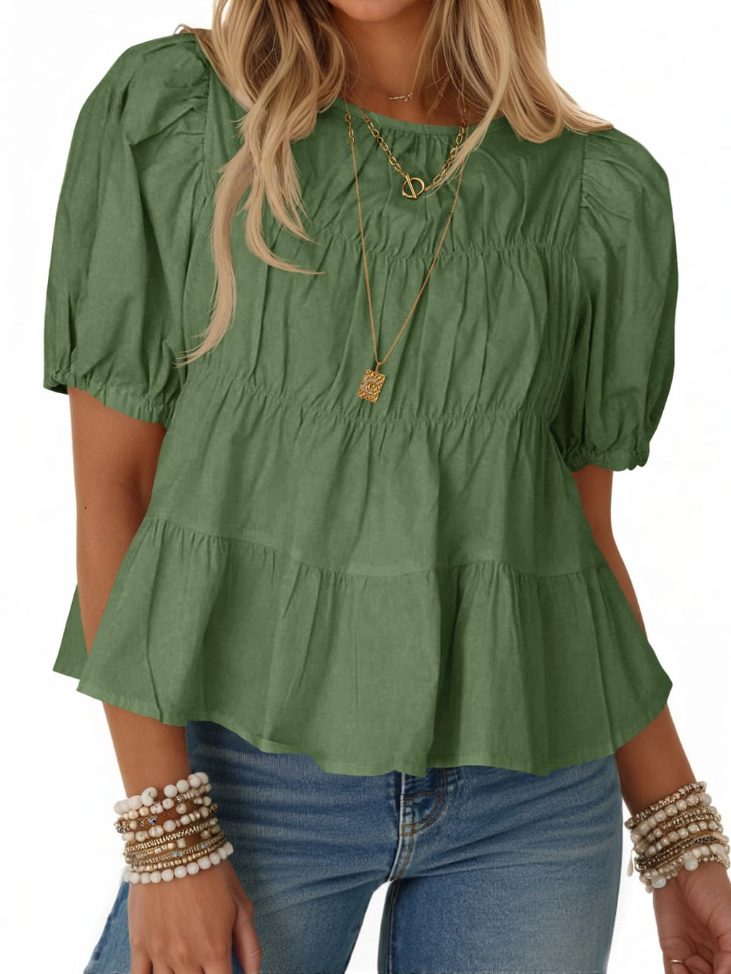 Puff Sleeve Peplum Babydoll Tops