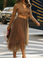 Skinny Knitted Cardigan + Elasticated-waistband Tulle Skirt