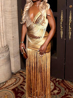 Gold Fringe Drape Maxi Dress