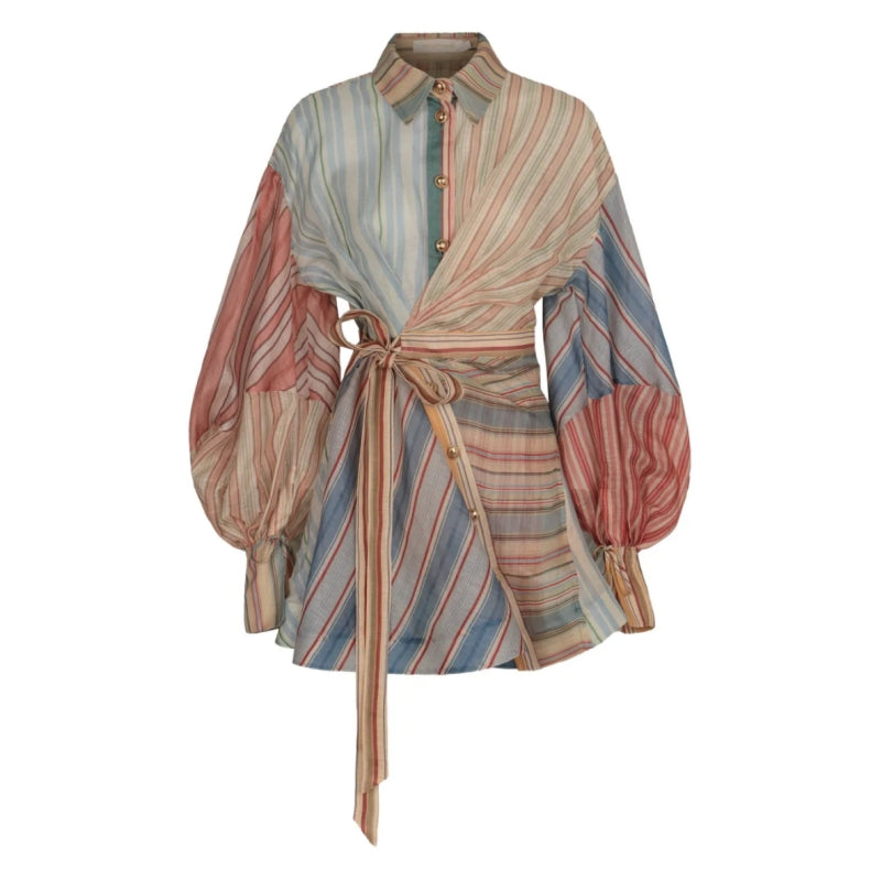 Striped Puff-sleeve Mini Dress