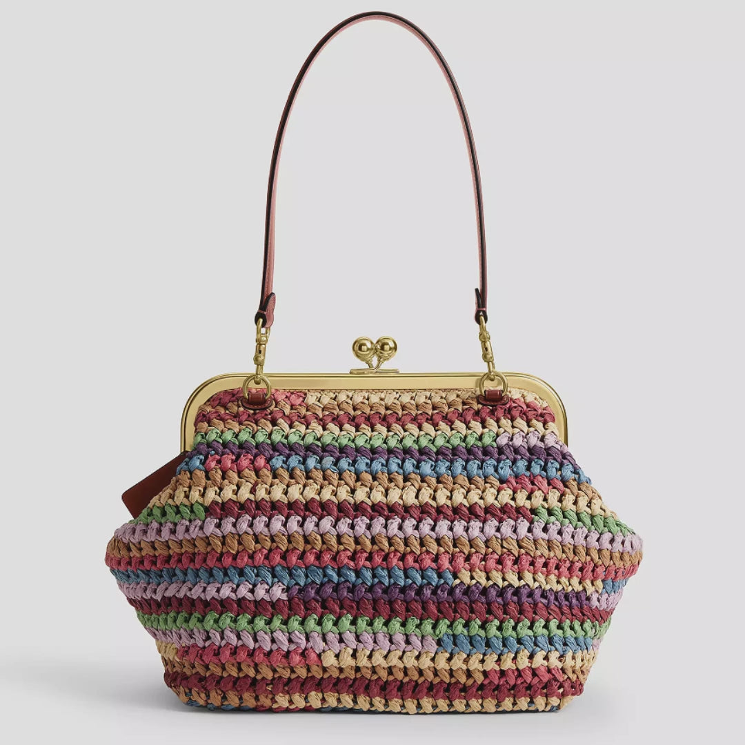 Kiss Lock Frame Large Weave Straw Clutch