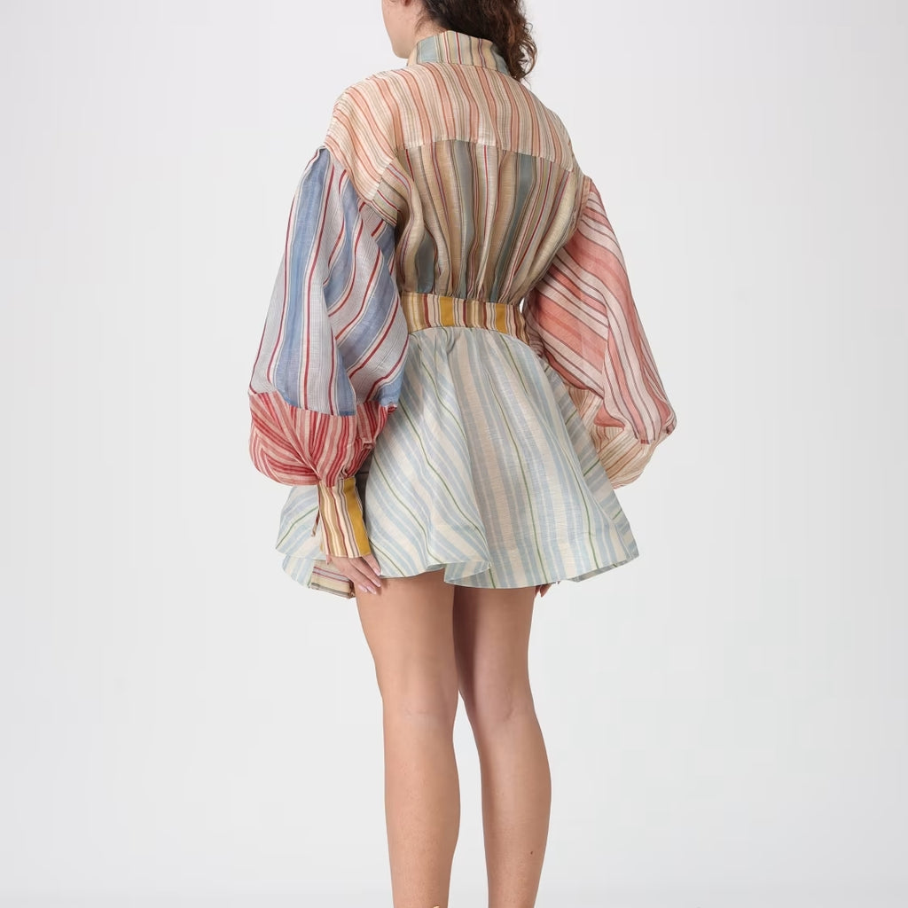 Striped Puff-sleeve Mini Dress